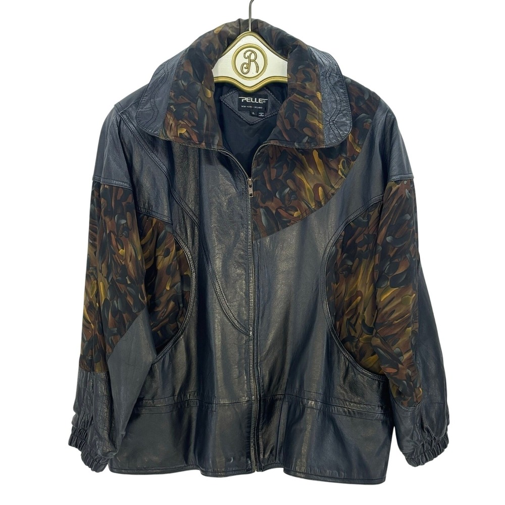 Vintage Pelle Leather Jacket Men LARGE Black Camo Panel 80s 90s Grunge Biker